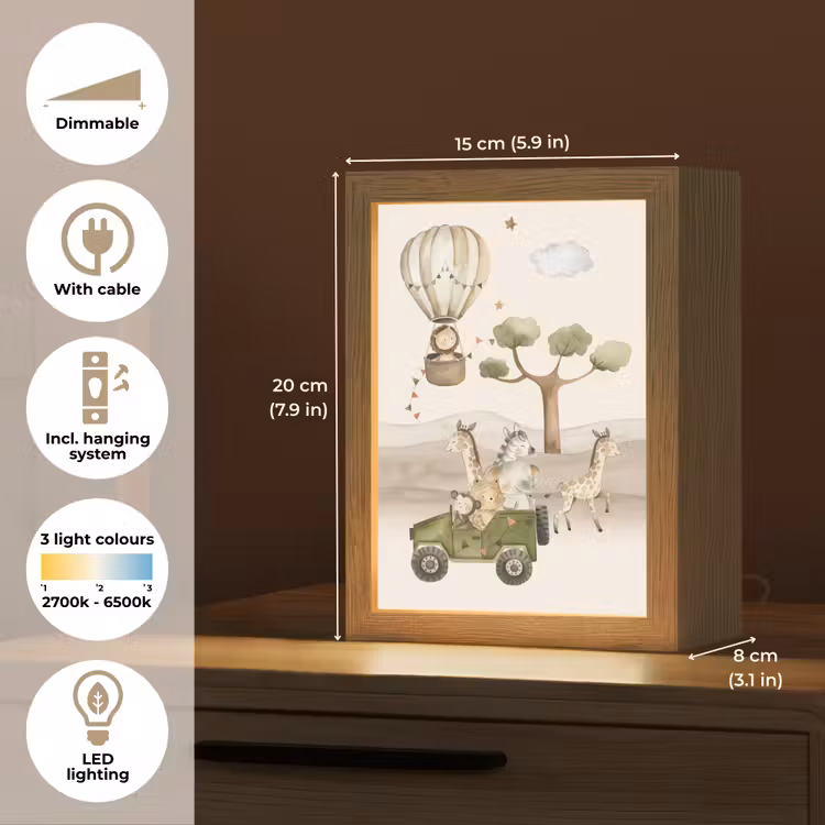 Wilde dieren - Safari - Watercolor - Luchtballon Light Box met kabel (Kinderlampje) klein -USP_EN