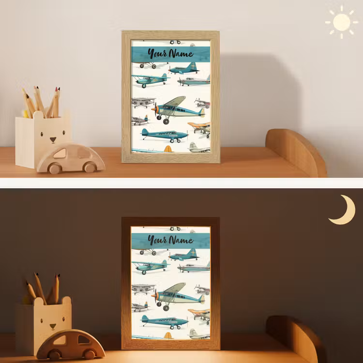 Vliegtuig - Blauw - Kinderen - Jongen - Oranje Light Box met kabel (Kinderlampje) klein -sfeer3_kind