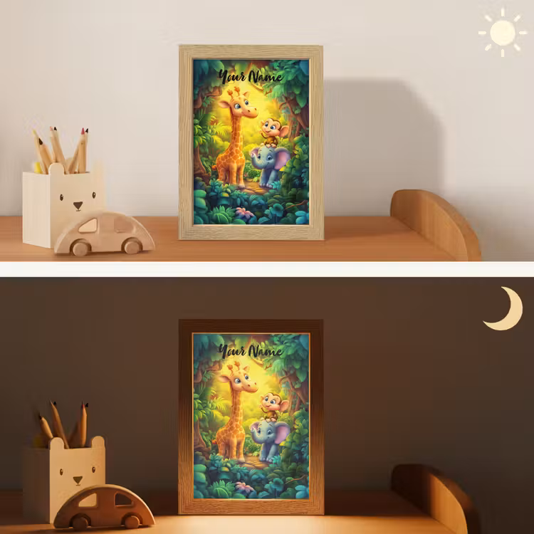 Dieren - Jungle - Giraf - Olifant - Aapje Light Box met kabel (Kinderlampje) klein -sfeer3_kind