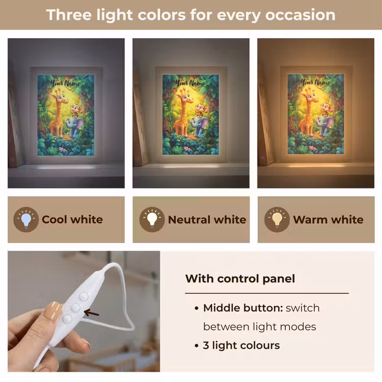 Dieren - Jungle - Giraf - Olifant - Aapje Light Box met kabel (Kinderlampje) klein -USP_lichtkleurEN