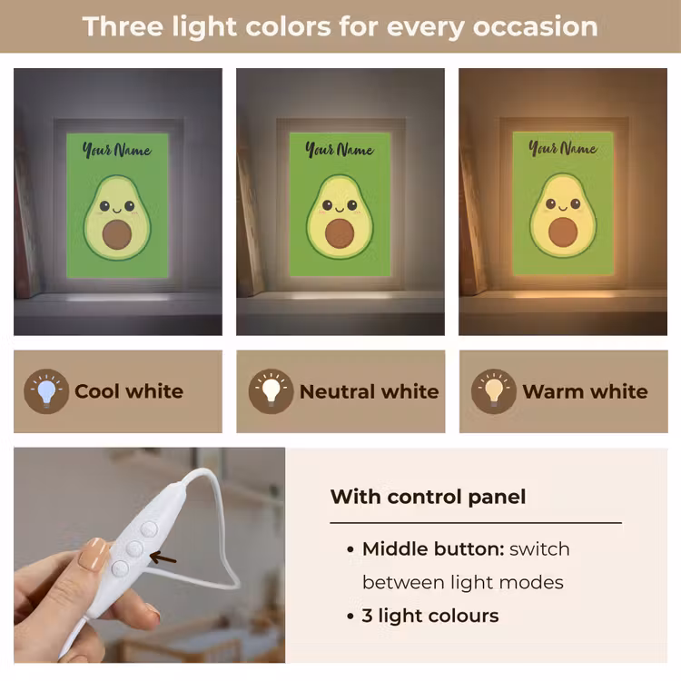 Avocado - Groen - Pit - Gezichtje Light Box met kabel (Kinderlampje) klein -USP_lichtkleurEN