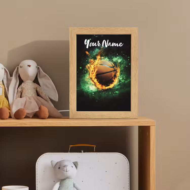 Basketbal - Vuur - Vlammen - Groen Light Box met kabel (Kinderlampje) klein -sfeer2_kind