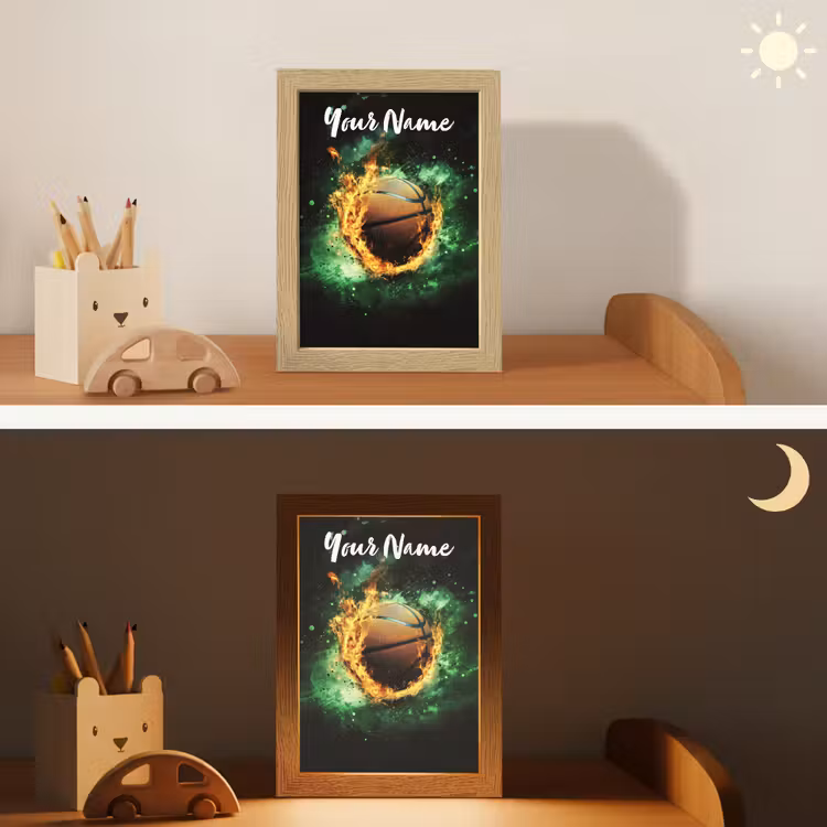 Basketbal - Vuur - Vlammen - Groen Light Box met kabel (Kinderlampje) klein -sfeer3_kind