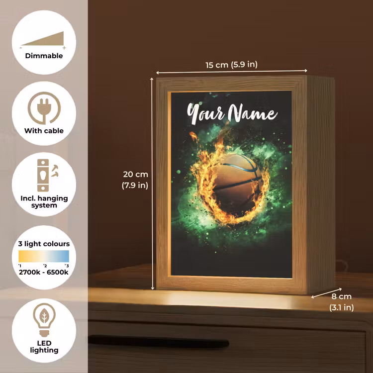 Basketbal - Vuur - Vlammen - Groen Light Box met kabel (Kinderlampje) klein -USP_EN