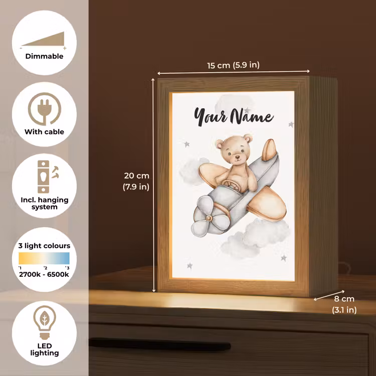 Beer - Vliegtuig - Sterren - Kinderen Light Box met kabel (Kinderlampje) klein -USP_EN
