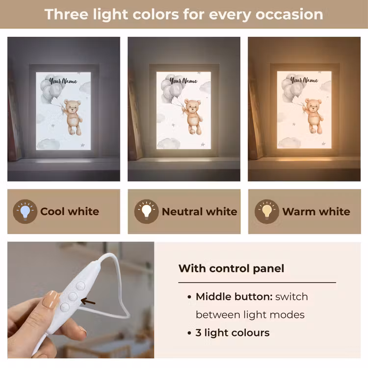 Beer - Ballonen - Sterren - Kinderen Light Box met kabel (Kinderlampje) klein -USP_lichtkleurEN