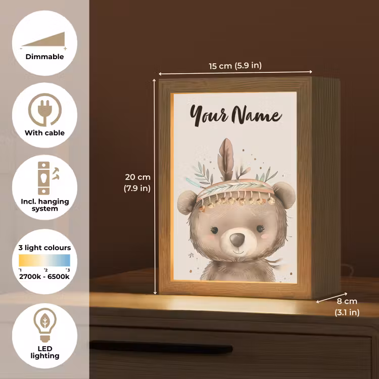 Beer - Boho - Indianentooi - Dieren Light Box met kabel (Kinderlampje) klein -USP_EN