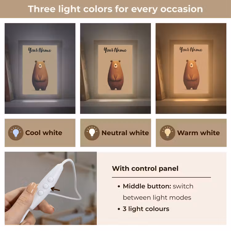 Beer - Minimalistisch - Bruin Light Box met kabel (Kinderlampje) klein -USP_lichtkleurEN
