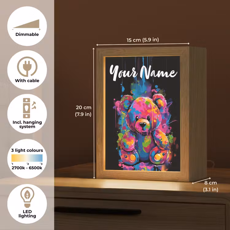 Beer - Verf - Kleurrijk - Knuffeldier Light Box met kabel (Kinderlampje) klein -USP_EN