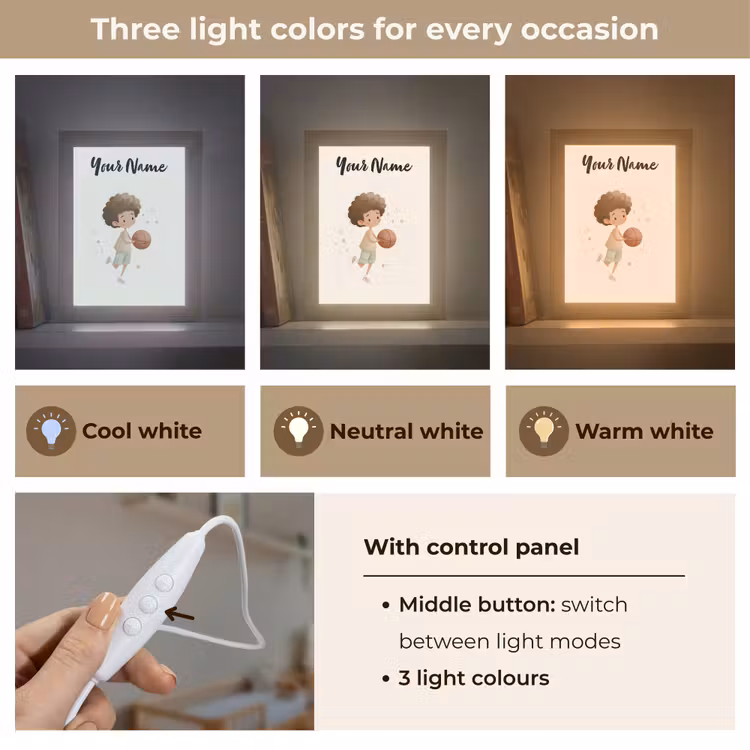 Beige - Jongen - Stippen - Basketbal Light Box met kabel (Kinderlampje) klein -USP_lichtkleurEN