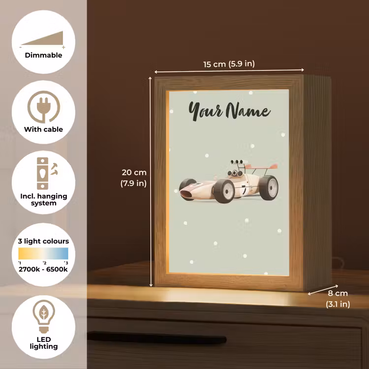 Beige - Raceauto - Stippen - Wielen Light Box met kabel (Kinderlampje) klein -USP_EN