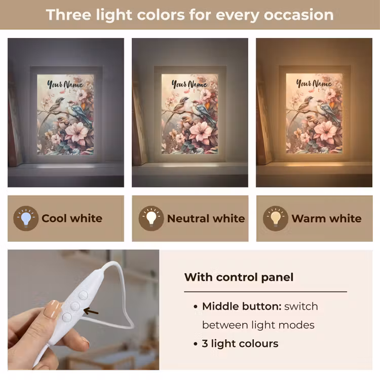 Vogels - Bloemen - Roze - Pastel Light Box met kabel (Kinderlampje) klein -USP_lichtkleurEN