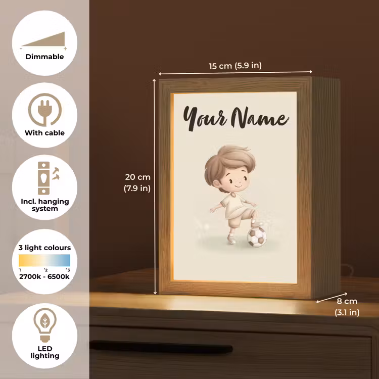 Jongen - Bruin - Voetbal - Minimalistisch Light Box met kabel (Kinderlampje) klein -USP_EN