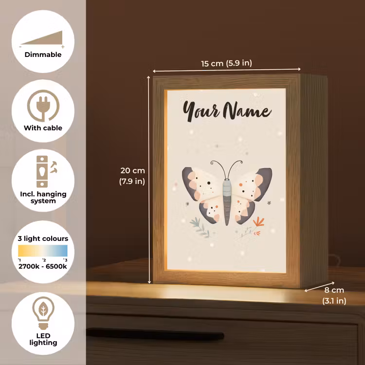 Vlinder - Stippen - Bloemen - Beige Light Box met kabel (Kinderlampje) klein -USP_EN