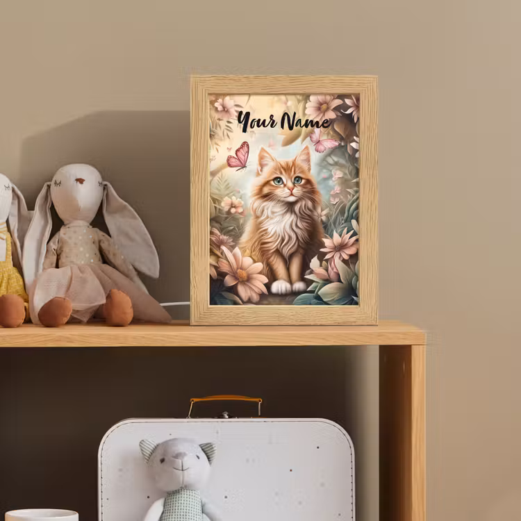 Kat - Bloemen - Vlinders - Roze Light Box met kabel (Kinderlampje) klein -sfeer2_kind