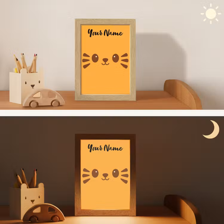 Kat - Minimalistisch - Oranje - Vrolijk Light Box met kabel (Kinderlampje) klein -sfeer3_kind
