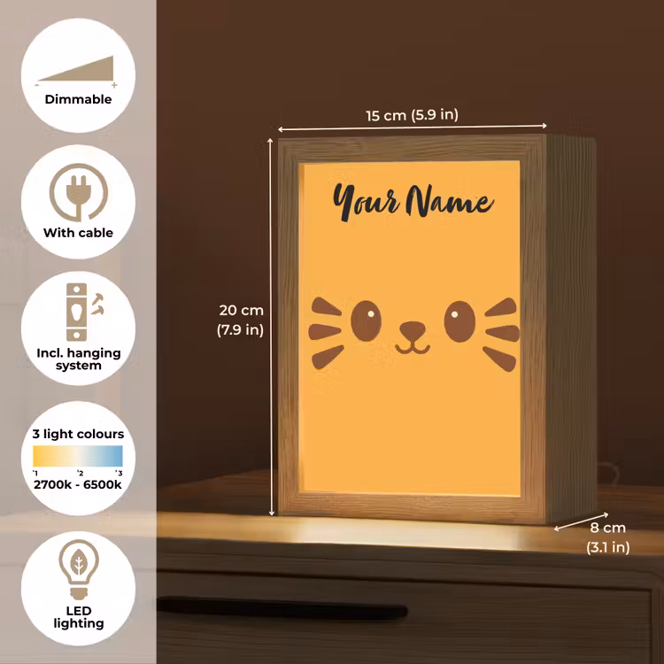 Kat - Minimalistisch - Oranje - Vrolijk Light Box met kabel (Kinderlampje) klein -USP_EN