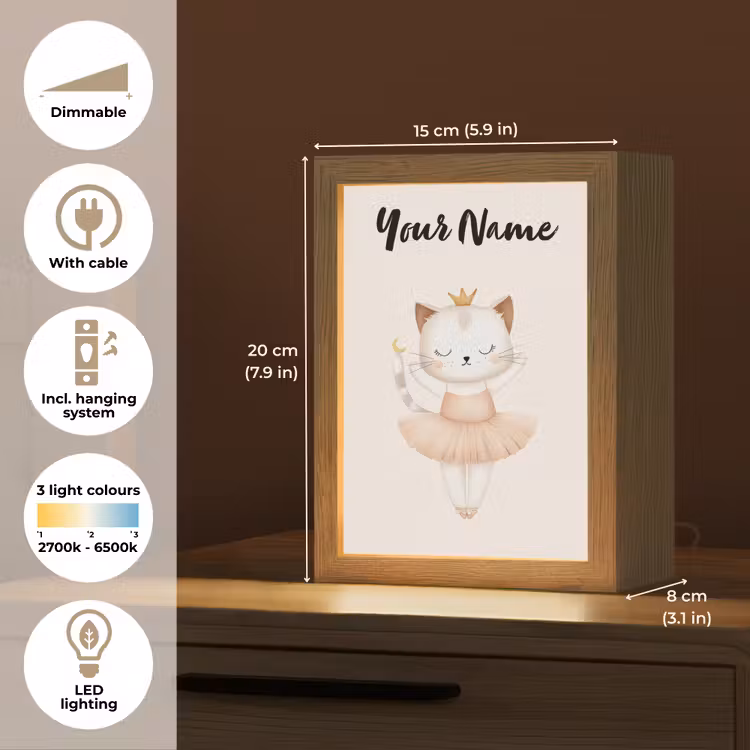 Kat - Minimalistisch - Tutu - Kroontje Light Box met kabel (Kinderlampje) klein -USP_EN