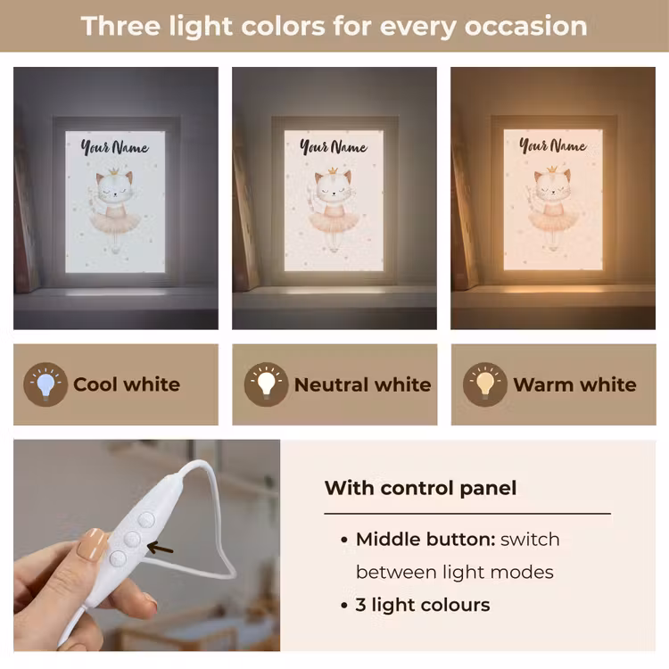 Kat - Tutu - Kroontje - Stippen Light Box met kabel (Kinderlampje) klein -USP_lichtkleurEN