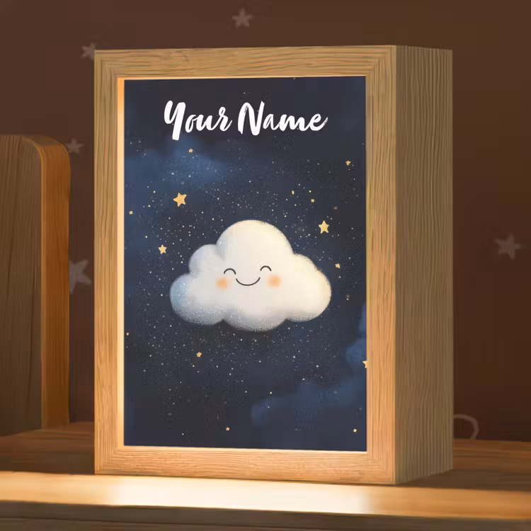 Wolkje - Gezichtje - Sterren - Donkerblauw Light Box met kabel (Kinderlampje) klein -zzz_3d_website