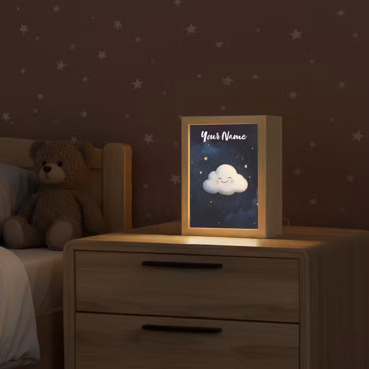 Wolkje - Gezichtje - Sterren - Donkerblauw Light Box met kabel (Kinderlampje) klein -sfeer1_kind