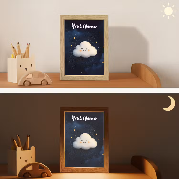 Wolkje - Gezichtje - Sterren - Donkerblauw Light Box met kabel (Kinderlampje) klein -sfeer3_kind