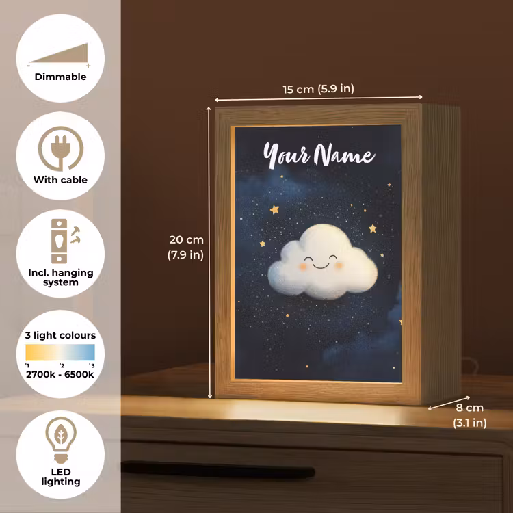 Wolkje - Gezichtje - Sterren - Donkerblauw Light Box met kabel (Kinderlampje) klein -USP_EN