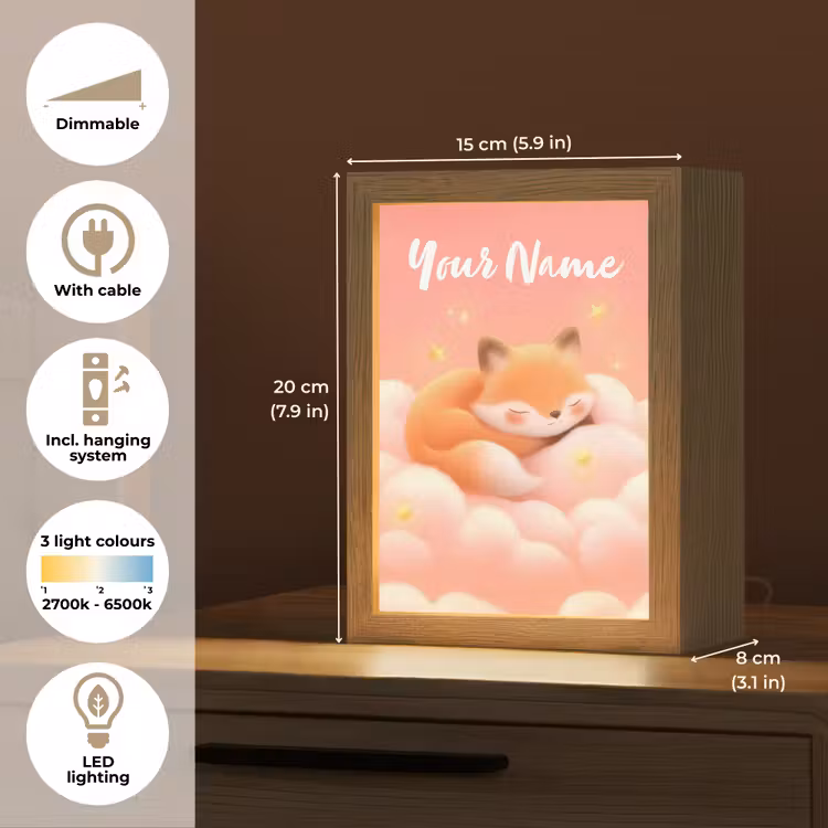 Wolken - Vos - Oranje - Sterren Light Box met kabel (Kinderlampje) klein -USP_EN