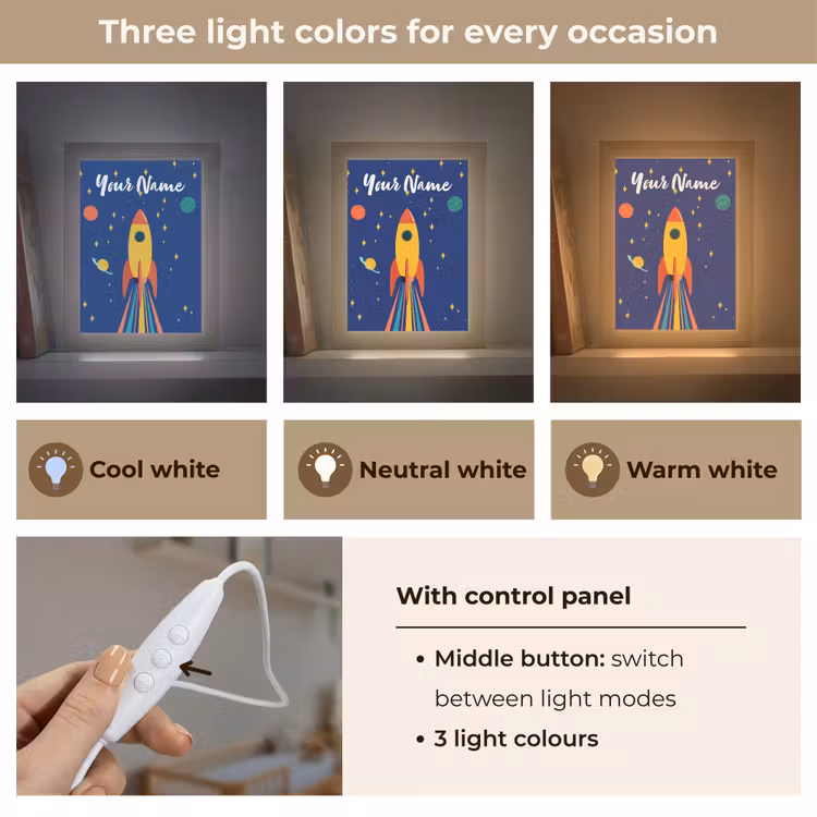 Kleurrijk - Raket - Ruimte Light Box met kabel (Kinderlampje) klein -USP_lichtkleurEN
