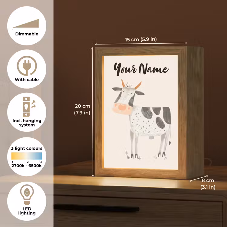 Koe - Boerderij dier - Dieren - Pastel kleuren Light Box met kabel (Kinderlampje) klein -USP_EN