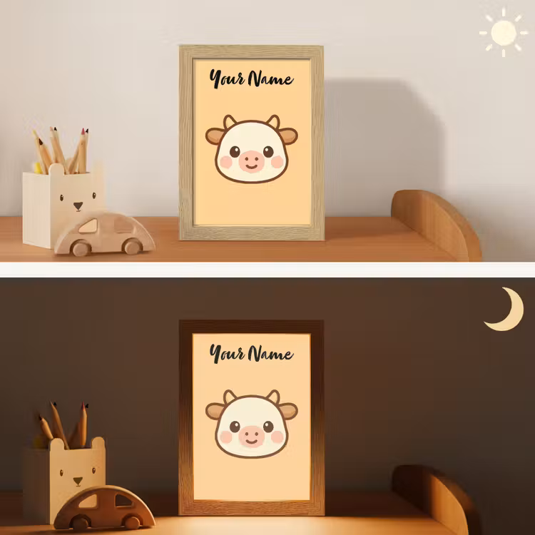 Koe - Oranje - Cartoon Light Box met kabel (Kinderlampje) klein -sfeer3_kind