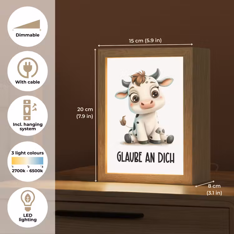 Koe - Wit - Dieren - Geloof in jezelf Light Box met kabel (Kinderlampje) klein -USP_EN