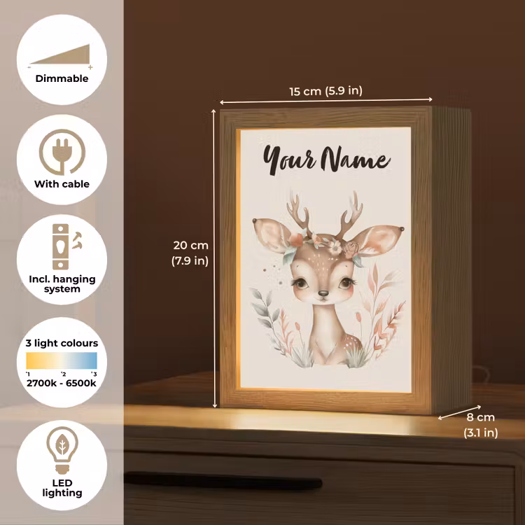 Hert - Bohemian - Bloemen - Bosdieren Light Box met kabel (Kinderlampje) klein -USP_EN