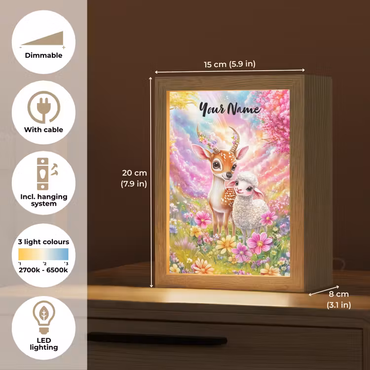 Hertje - Lammetje - Bloemen - Pastel Light Box met kabel (Kinderlampje) klein -USP_EN