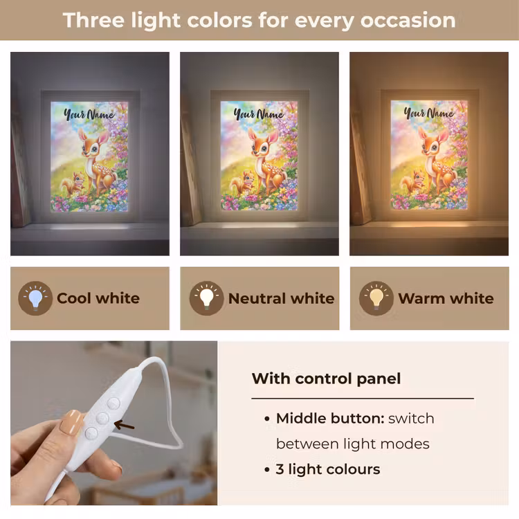 Hertje - Eekhoorn - Bloemenveld - Kleurrijk Light Box met kabel (Kinderlampje) klein -USP_lichtkleurEN