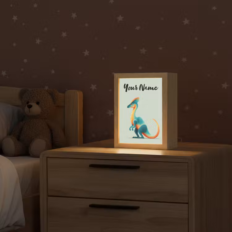 Dino - Cartoon - Oranje - Poten Light Box met kabel (Kinderlampje) klein -sfeer1_kind