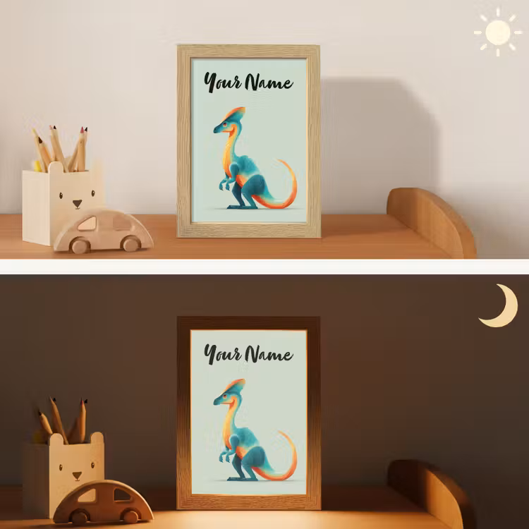 Dino - Cartoon - Oranje - Poten Light Box met kabel (Kinderlampje) klein -sfeer3_kind
