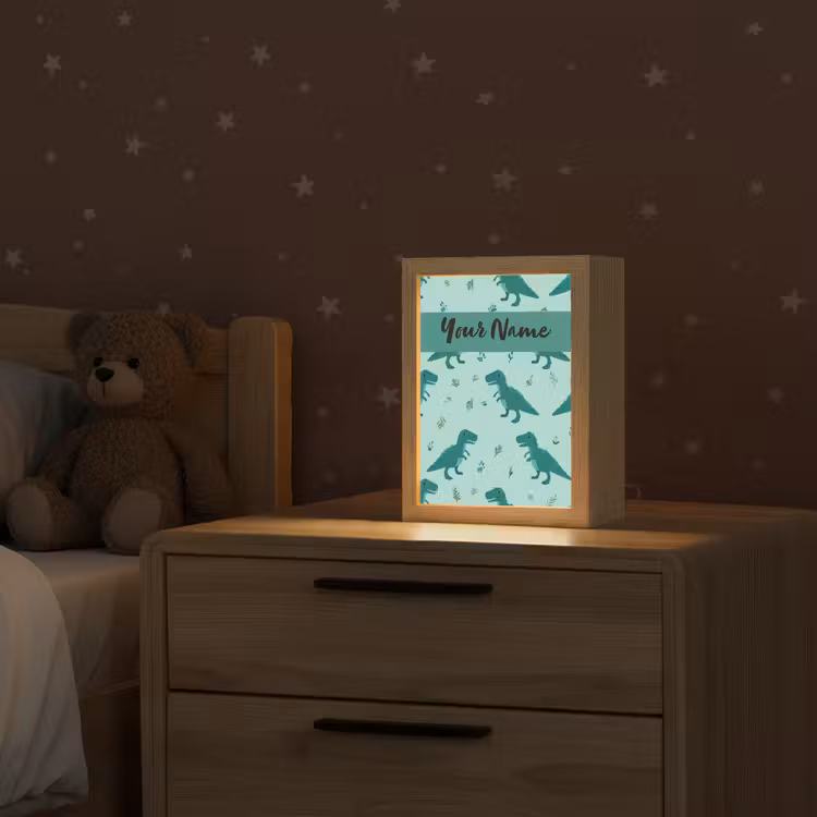 Dinosaurus - Blauw - Bladeren - Voetafdrukken Light Box met kabel (Kinderlampje) klein -sfeer1_kind