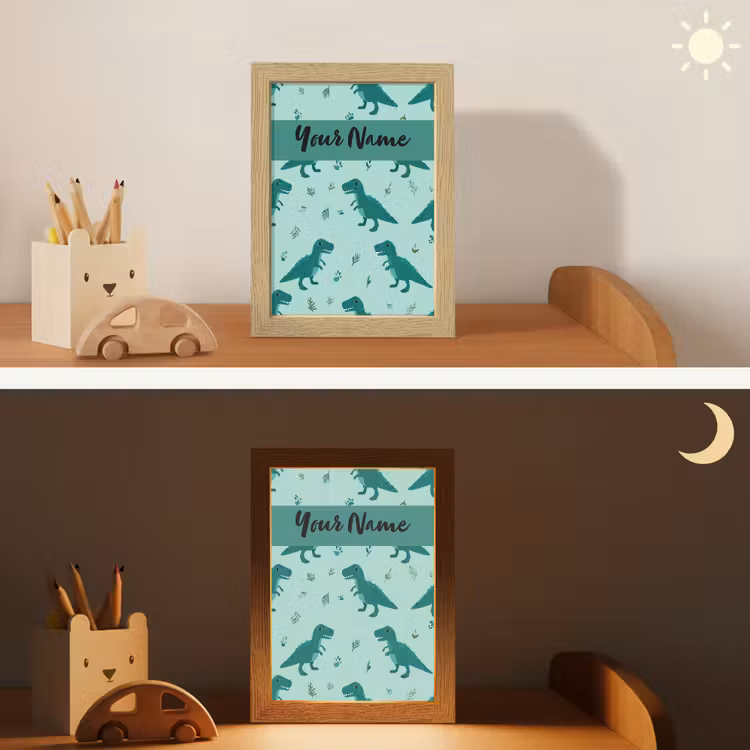 Dinosaurus - Blauw - Bladeren - Voetafdrukken Light Box met kabel (Kinderlampje) klein -sfeer3_kind