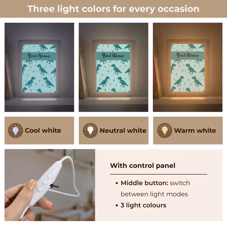 Dinosaurus - Blauw - Bladeren - Voetafdrukken Light Box met kabel (Kinderlampje) klein -USP_lichtkleurEN