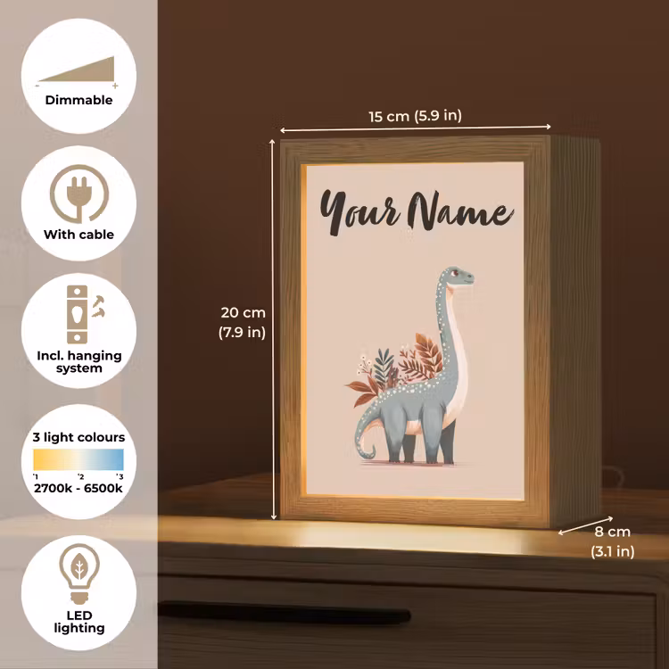 Dinosaurus - Planten - Beige - Minimalistisch Light Box met kabel (Kinderlampje) klein -USP_EN