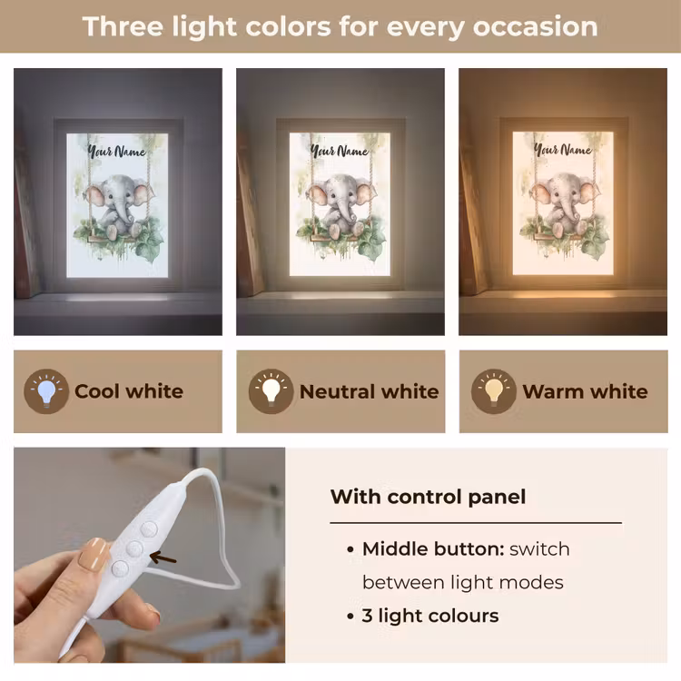 Olifant - Dier - Kinderen - Jungle Light Box met kabel (Kinderlampje) klein -USP_lichtkleurEN