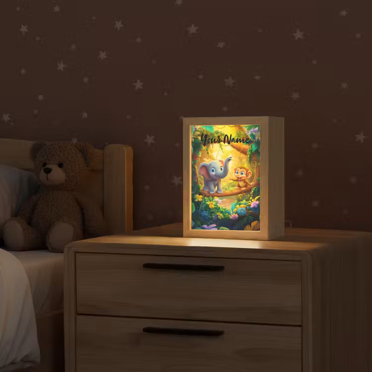 Olifant - Appje - Jungle - Kleurrijk Light Box met kabel (Kinderlampje) klein -sfeer1_kind