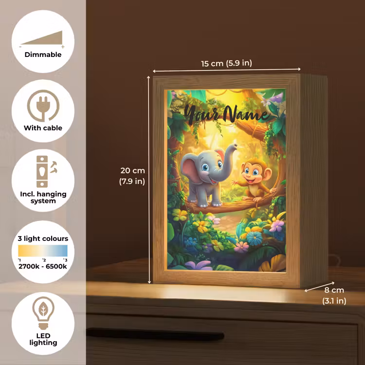 Olifant - Appje - Jungle - Kleurrijk Light Box met kabel (Kinderlampje) klein -USP_EN