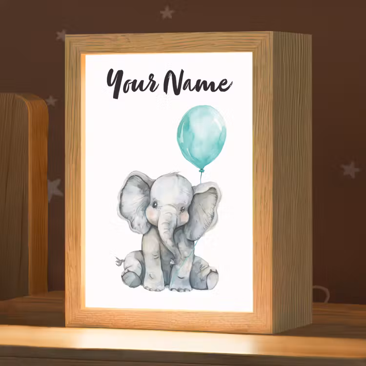 Olifant - Baby - Dieren - Blauwe ballon Light Box met kabel (Kinderlampje) klein -zzz_3d_website