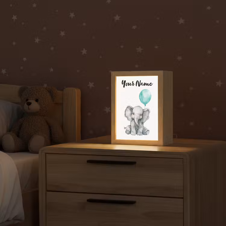 Olifant - Baby - Dieren - Blauwe ballon Light Box met kabel (Kinderlampje) klein -sfeer1_kind