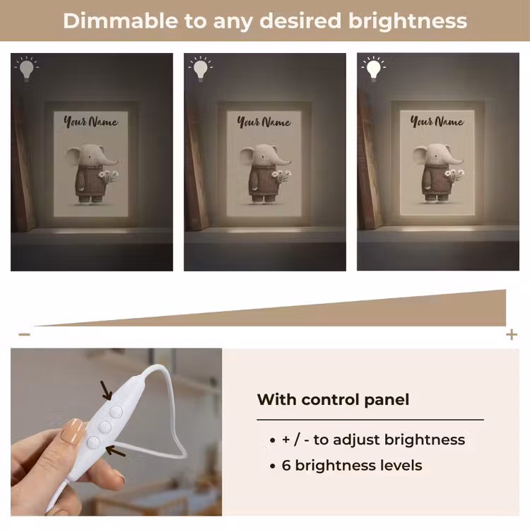 Olifant - Witte bloemen - Kindvriendelijk Light Box met kabel (Kinderlampje) klein -USP_dimbaarEN