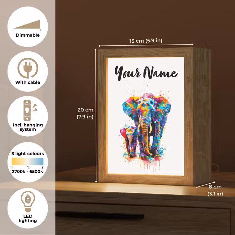 Olifanten - Dieren - Verf - Kleurrijk Light Box met kabel (Kinderlampje) klein -USP_EN