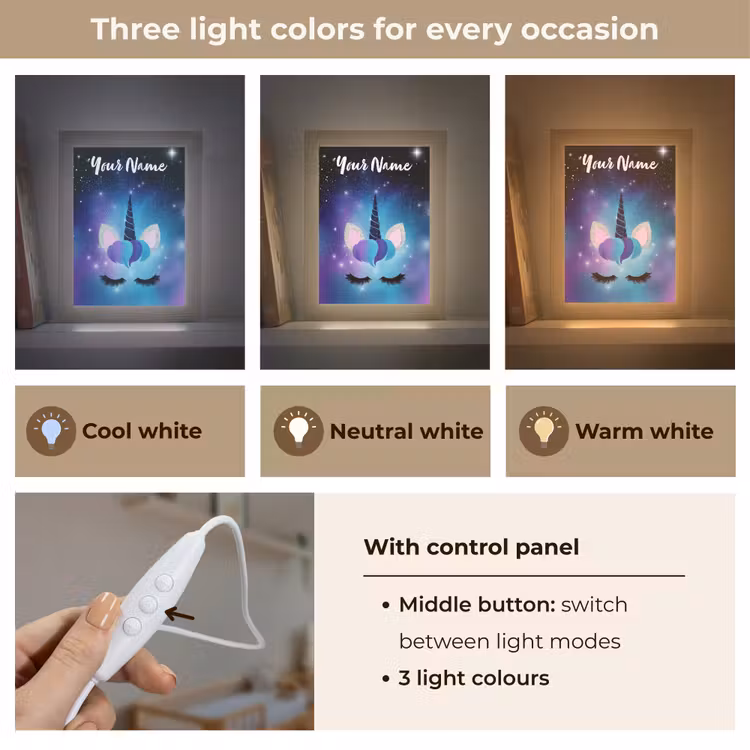 Wimpers - Eenhoorn - Sterren - Blauw Light Box met kabel (Kinderlampje) klein -USP_lichtkleurEN