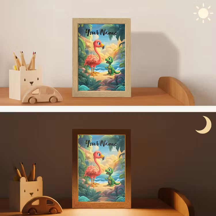 Flamingo - Dinosaurus - Strand - Kleurrijk Light Box met kabel (Kinderlampje) klein -sfeer3_kind